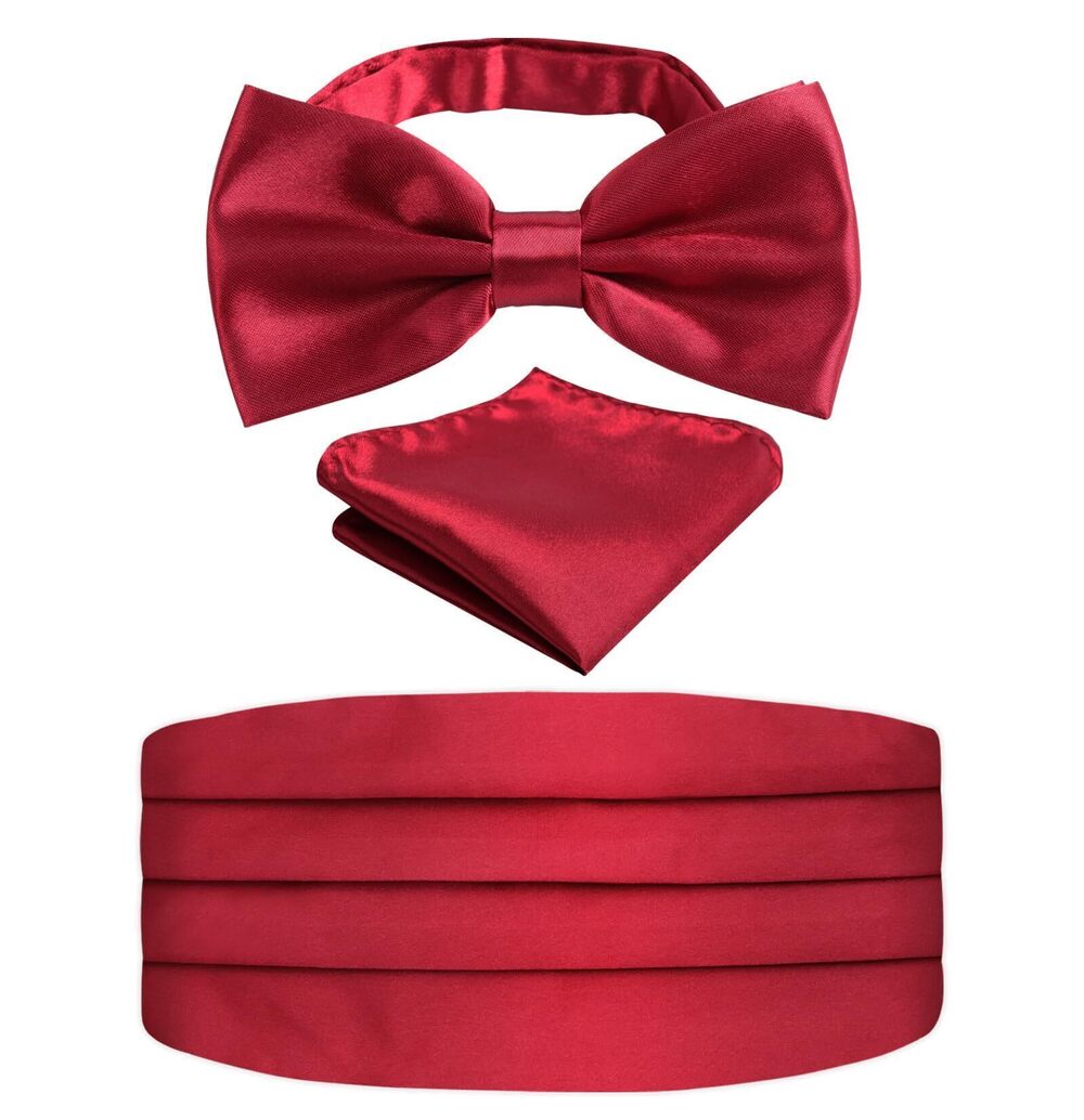 4661 Multicolored Silk Solid Cummerbund Gift Bow Tie Set, Burgundy